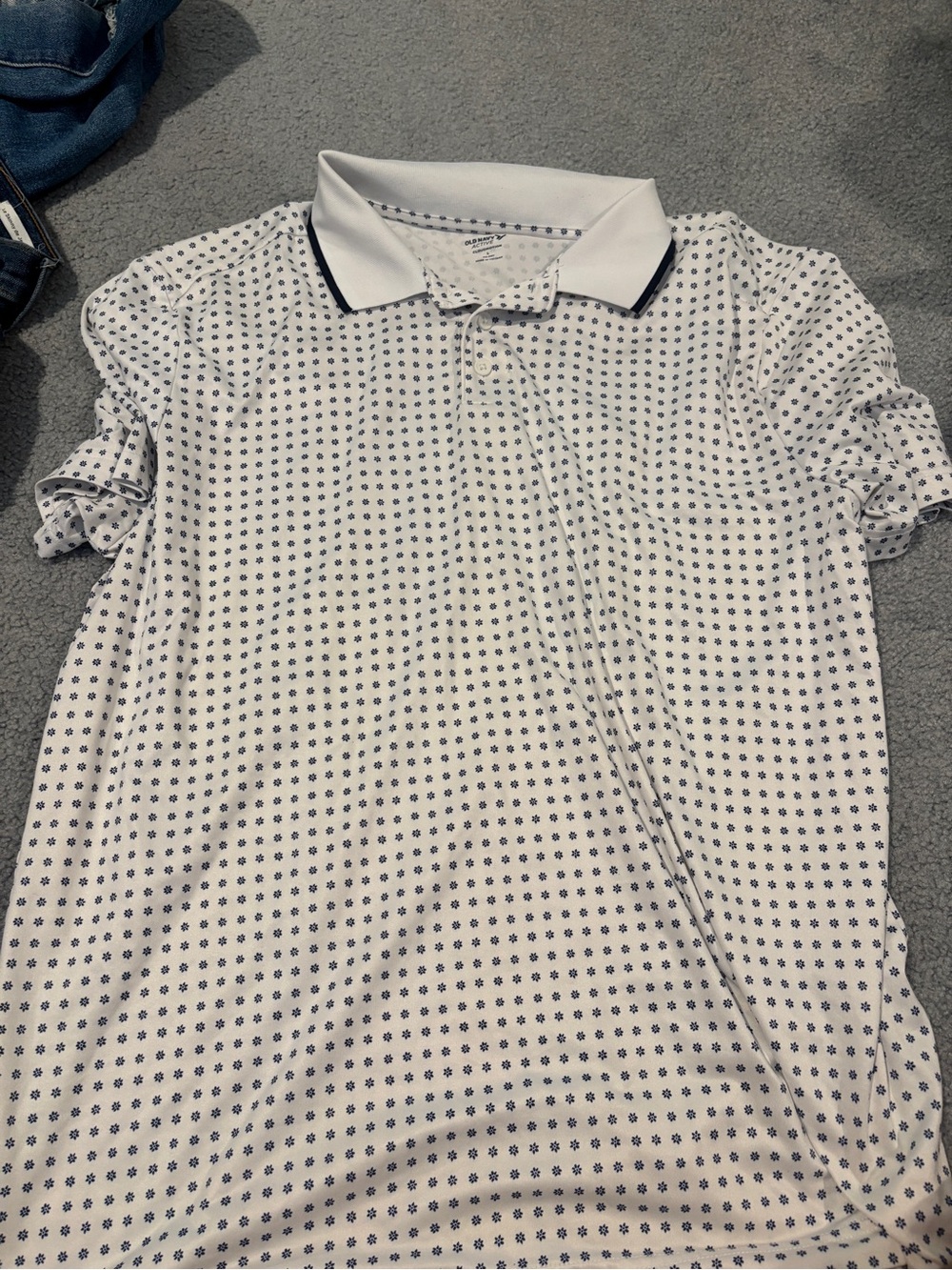 White Polo Shirt with Navy Dot Pattern
